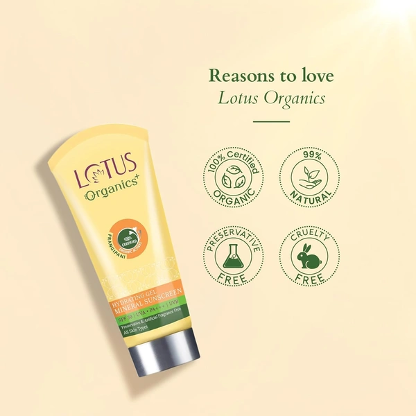 Lotus Organics+ Hydrating Gel Mineral Sunscreen SPF 30 PA+++ 50g | 100% Certified Organic Frangipani | Non-Greasy & Fast Absorbing | Strengthens Skin Barrier | UVA/UVB Protection | Unisex | All Skin Types