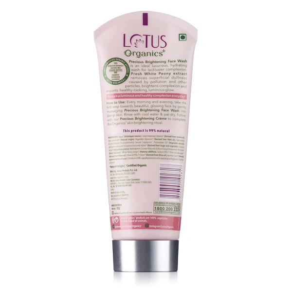 Lotus Organics+ Precious Brightening Face Wash 100g | 100% Certified Organic White Peony | For Skin Hydration & Brightening | Gentle Cleansing | Chemical Free & Organic | All Skin Types