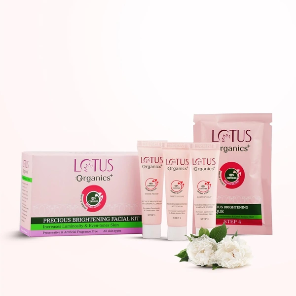 Lotus Organics+ Precious Brightening Facial Kit | 4-Step Bright & Glowing Skin Care | Made with Organic Ingredients | For Men & Women | All Skin Types | Salon-like Glow at Home
