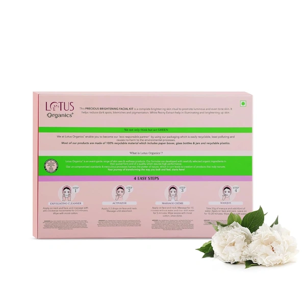 Lotus Organics+ Precious Brightening Facial Kit | 4-Step Bright & Glowing Skin Care | Made with Organic Ingredients | For Men & Women | All Skin Types | Salon-like Glow at Home