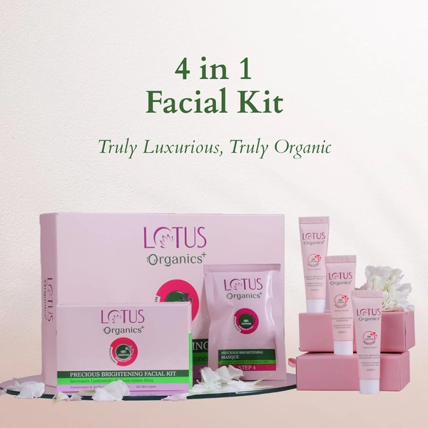 Lotus Organics+ Precious Brightening Facial Kit | 4-Step Bright & Glowing Skin Care | Made with Organic Ingredients | For Men & Women | All Skin Types | Salon-like Glow at Home