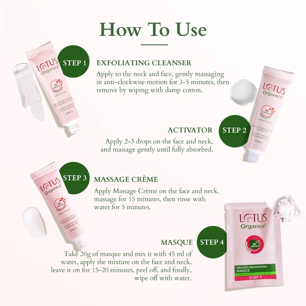Lotus Organics+ Precious Brightening Facial Kit | 4-Step Bright & Glowing Skin Care | Made with Organic Ingredients | For Men & Women | All Skin Types | Salon-like Glow at Home