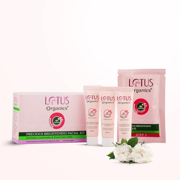 Lotus Organics+ Precious Brightening Facial Kit 47g| With 4 Steps for Instant Bright & Glowing Skin | Enriched with 100% Certified Organic Actives | For Men & Women
