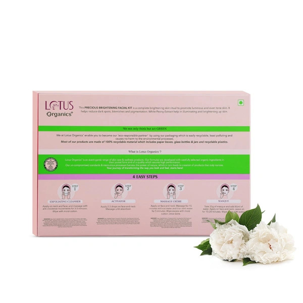 Lotus Organics+ Precious Brightening Facial Kit 47g| With 4 Steps for Instant Bright & Glowing Skin | Enriched with 100% Certified Organic Actives | For Men & Women