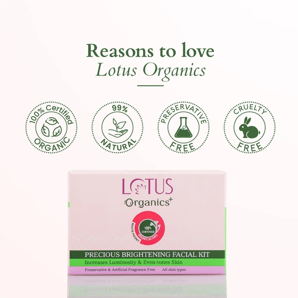 Lotus Organics+ Precious Brightening Facial Kit 47g| With 4 Steps for Instant Bright & Glowing Skin | Enriched with 100% Certified Organic Actives | For Men & Women