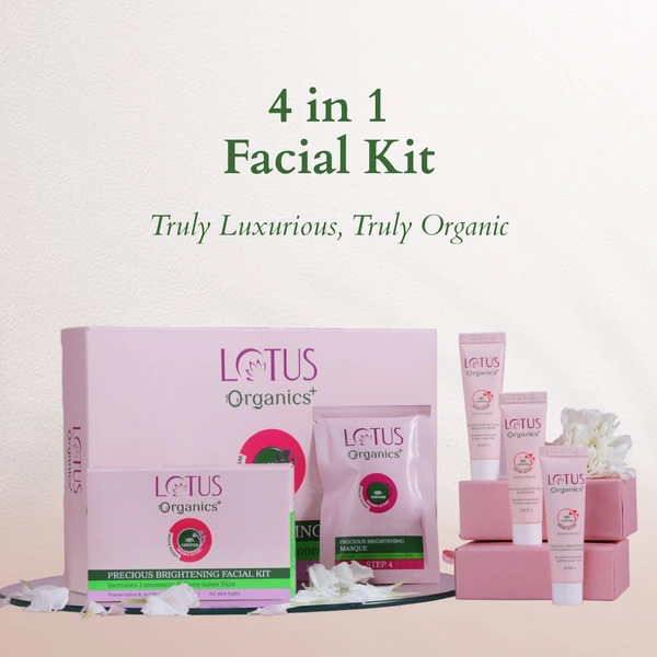 Lotus Organics+ Precious Brightening Facial Kit 47g| With 4 Steps for Instant Bright & Glowing Skin | Enriched with 100% Certified Organic Actives | For Men & Women