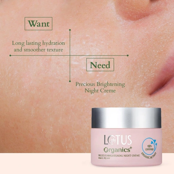 Lotus Organics+ Precious Brightening Night Cream 50g | Reduces Dark Spots, Blemishes & Pigmentation | 100% Certified Organic White Peony | Sulphate & Paraben Free | All Skin Types