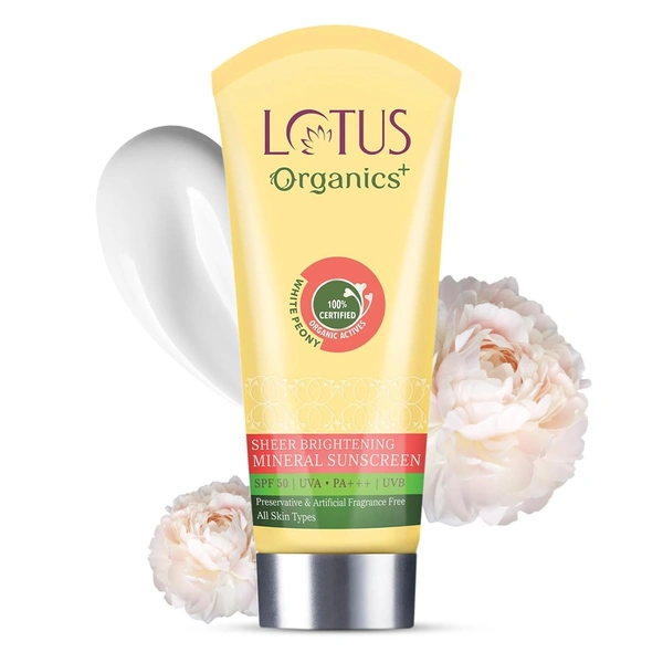 Lotus Organics+ Sheer Brightening Mineral Sunscreen 50gm with SPF 50 PA+++ | 100% Certified Organic White Peony | Fights Tanning & Pigmentation | Non-Greasy & Lightweight | All Skin Types 100g