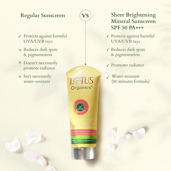Lotus Organics+ Sheer Brightening Mineral Sunscreen 50gm with SPF 50 PA+++ | 100% Certified Organic White Peony | Fights Tanning & Pigmentation | Non-Greasy & Lightweight | All Skin Types 100g