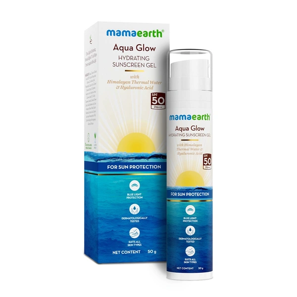 Derma Co Mamaearth Aqua Glow Sunscreen Gel 50g | with Himalayan Thermal Water & Hyaluronic Acid For Sun Protection | SPF 50 Pa+++ | Hydrating Formula | Lightweight & Non-Greasy | Blue Light Protection | For All Skin Types