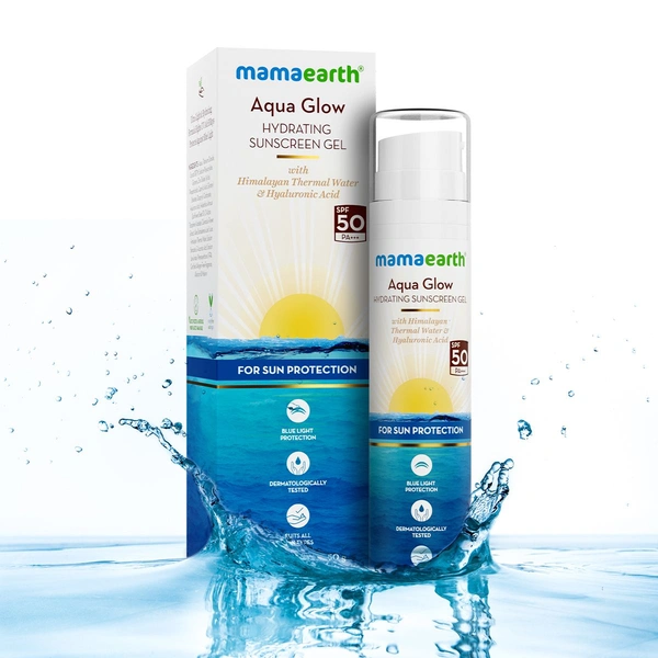 Derma Co Mamaearth Aqua Glow Sunscreen Gel 50g | with Himalayan Thermal Water & Hyaluronic Acid For Sun Protection | SPF 50 Pa+++ | Hydrating Formula | Lightweight & Non-Greasy | Blue Light Protection | For All Skin Types