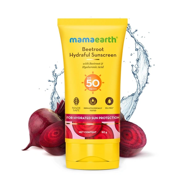 Derma Co Mamaearth Hydraful Sunscreen 50g | with Beetroot & Hyaluronic Acid | SPF 50 & PA++++ | For Hydrated Sun Protection | Lightweight | Natural Glow | For Oily, Combination & Dry Skin | UVA and UVB Protection