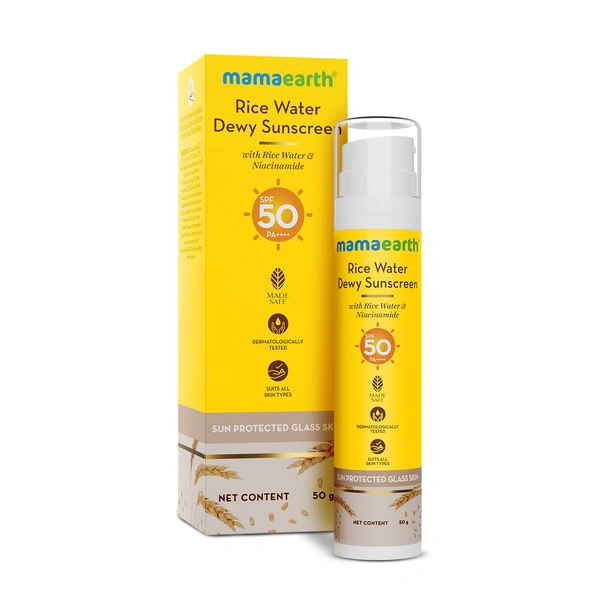 Derma Co Mamaearth Rice Water Dewy Sunscreen 50g | with Rice Water & Niacinamide For Sun Protected Glass Skin | Gives SPF50 & PA++++ Protection | UVA & UVB Protection | Non-Greasy | No White Cast | for All Skin Types