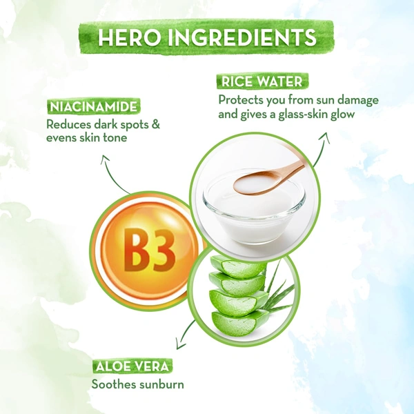 Derma Co Mamaearth Rice Water Dewy Sunscreen 50g | with Rice Water & Niacinamide For Sun Protected Glass Skin | Gives SPF50 & PA++++ Protection | UVA & UVB Protection | Non-Greasy | No White Cast | for All Skin Types