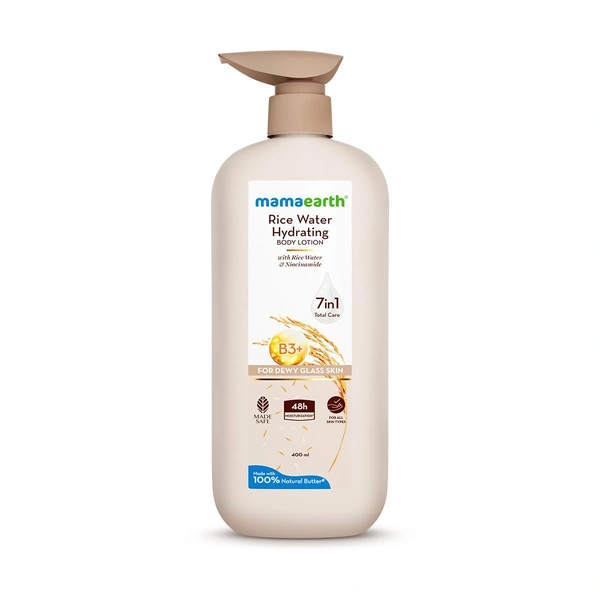 Mamaearth Rice Water Hydrating Body Lotion | with Rice Water & Niacinamide | for Dewy Glass Skin | 48H Moisturization | For Very Dry Skin | 7in1 Total Care | Made with 100% Natural Butter | Non-Greasy Formula | Natural ingredients body lotion | for Soft, Supple Skin |400ml