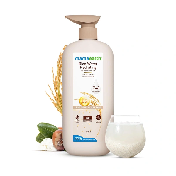 Mamaearth Rice Water Hydrating Body Lotion | with Rice Water & Niacinamide | for Dewy Glass Skin | 48H Moisturization | For Very Dry Skin | 7in1 Total Care | Made with 100% Natural Butter | Non-Greasy Formula | Natural ingredients body lotion | for Soft, Supple Skin |400ml