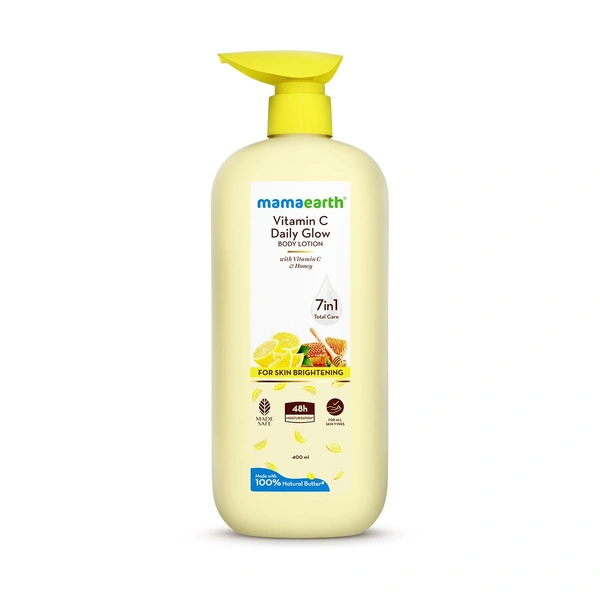 Mamaearth Vitamin C Daily Glow Body Lotion | with Vitamin C & Honey | For Skin Brightening | 48H Moisturization | 7in1 Total Care | Made with 100% Natural Butter | for Smooth, Radiant Skin | Non-Greasy Formula | Natural ingredients body lotion | All Skin Types | 400ml