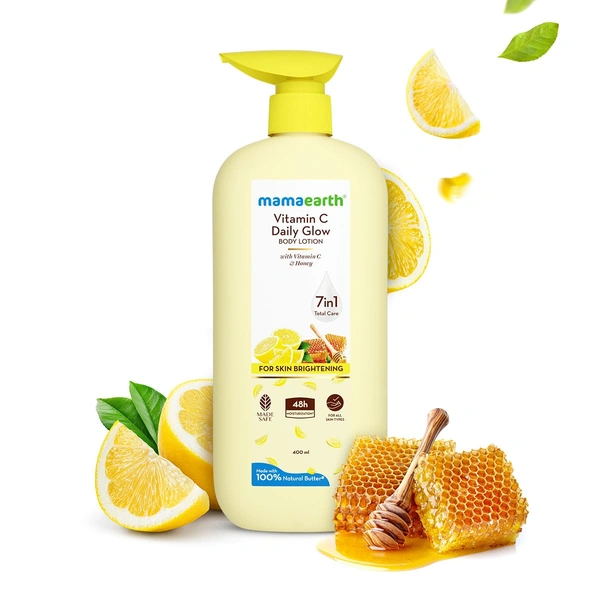 Mamaearth Vitamin C Daily Glow Body Lotion | with Vitamin C & Honey | For Skin Brightening | 48H Moisturization | 7in1 Total Care | Made with 100% Natural Butter | for Smooth, Radiant Skin | Non-Greasy Formula | Natural ingredients body lotion | All Skin Types | 400ml