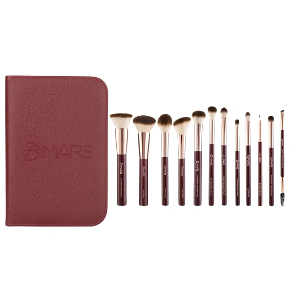 Mars Professional Makeup Maroon Brush Set 12 Piece | Soft Synthetic Bristles | Precise Face | Eyes & Brows Application