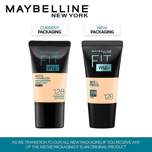 Maybelline New York Maybelline Fit Me Matte + Poreless Liquid Foundation 18ml 128 Warm Nude with SPF 22 PA++ | Lightweight Daily Wear, Pore-Minimizing, Natural Matte Finish | Perfect for Indian Skin