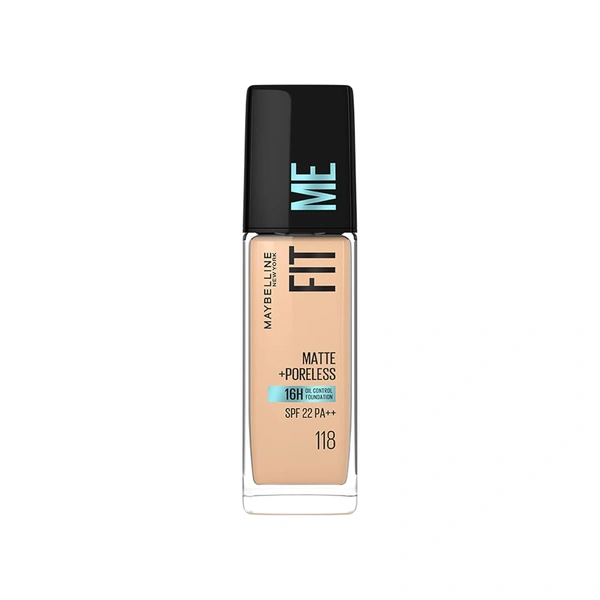 Maybelline New York Fit Me Matte + Poreless Foundation 30ml with 118 Light Beige | Lightweight, Natural Matte Finish | Minimizes Pores, Controls Shine & Blends Seamlessly for Daily Indian Skin Makeup