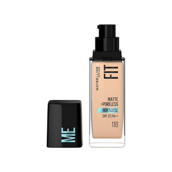 Maybelline New York Fit Me Matte + Poreless Foundation 30ml with 118 Light Beige | Lightweight, Natural Matte Finish | Minimizes Pores, Controls Shine & Blends Seamlessly for Daily Indian Skin Makeup
