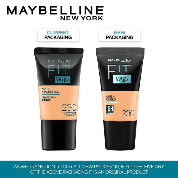 Maybelline New York Fit Me Matte + Poreless Liquid Foundation 18ml with SPF 22 Lightweight | Shade 230 Natural Buff & Long-Lasting | Oil-Control, Natural Matte Finish