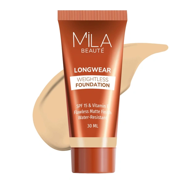 Mila Beaute Longwear Weightless Foundation (204 Soft Beige), 30ml | Full Coverage & Lightweight | Hydrating & Matte Finish | Long-Lasting & SPF 15 Protection