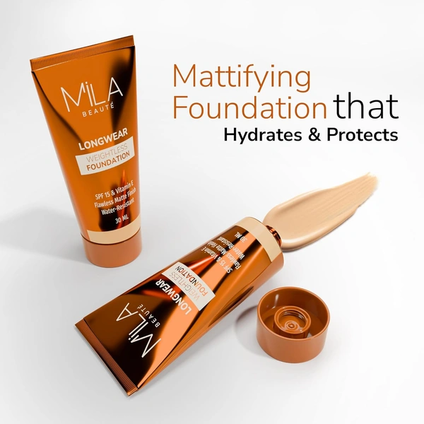 Mila Beaute Longwear Weightless Foundation (102 Ivory), 30ml | Full Coverage & Lightweight | Hydrating & Matte Finish | Long-Lasting & SPF 15 Protection