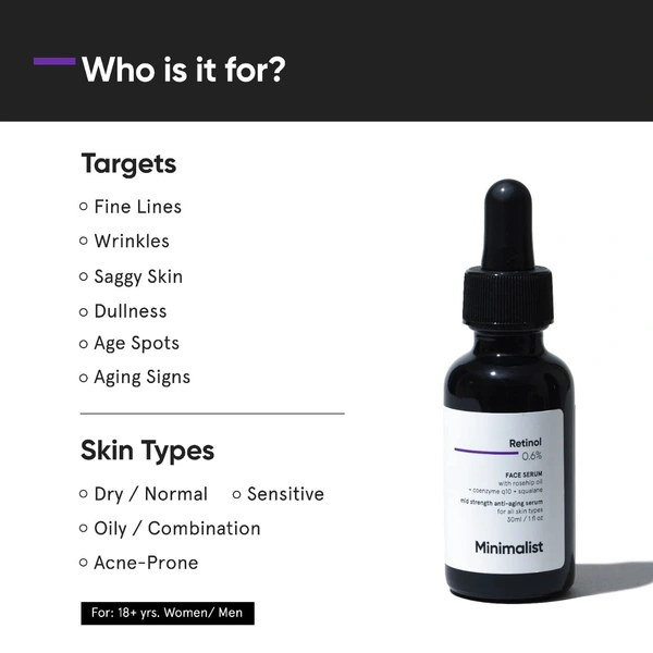 Minimalist 0.6% Retinol Face Serum 30 ml | With Rosehip Oil, Coenzyme Q10 & Squalane | Mid-Strength Anti-Aging Serum | Reduces Fine Lines & Wrinkles | All Skin Types