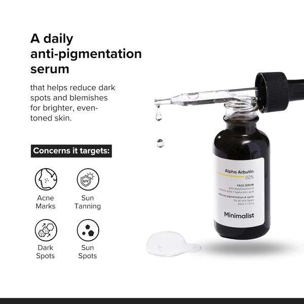 Minimalist 2% Alpha Arbutin Face Serum 30 ml | With Butylresorcinol, Ferulic Acid & Hyaluronic Acid | Reduces Pigmentation, Dark Spots & Uneven Skin Tone | For All Skin Types