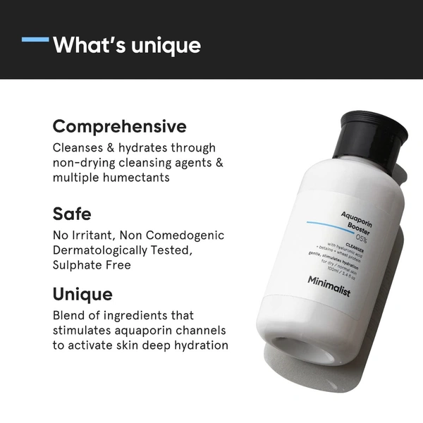 Minimalist Aquaporin Booster 0.5% Cleanser with Hyaluronic Acid, Betaine & Wheat Protein | Gentle Hydrating Face Wash for Dry & Normal Skin, Daily Use