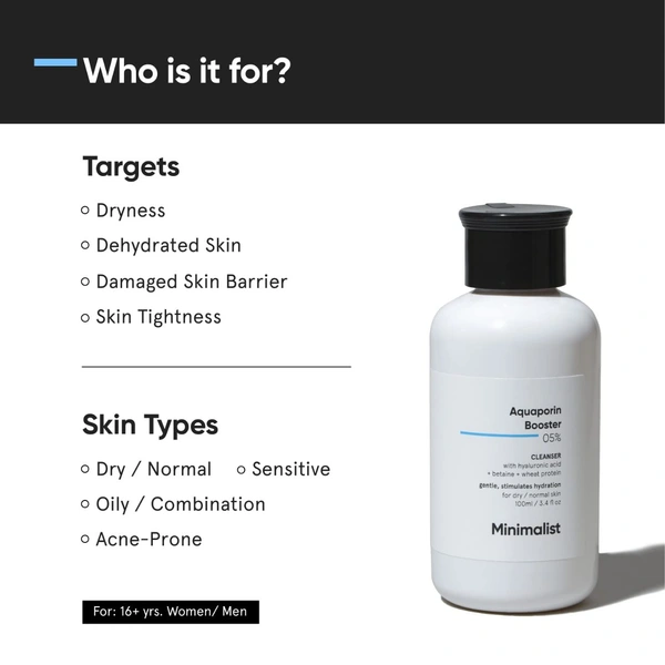 Minimalist Aquaporin Booster 0.5% Cleanser with Hyaluronic Acid, Betaine & Wheat Protein | Gentle Hydrating Face Wash for Dry & Normal Skin, Daily Use