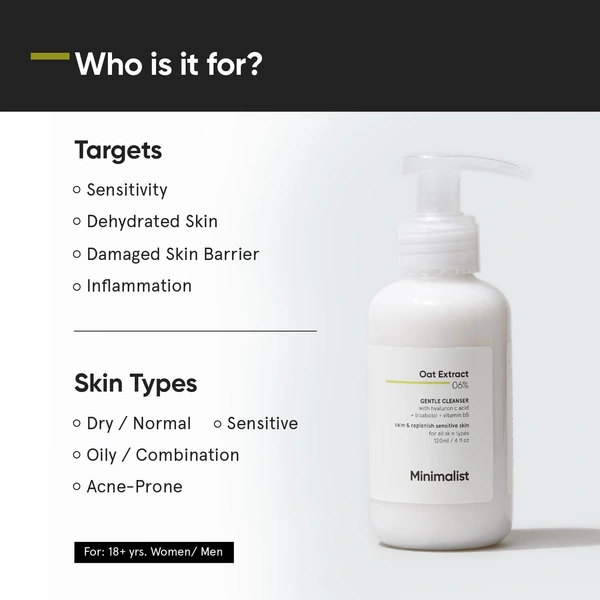 Minimalist Gentle Face Wash 120ml with 6% Oat Extract & Hyaluronic Acid | Sulphate-Free, Non-Drying, Fragrance-Free Cleanser for Sensitive, Dry to Normal Skin