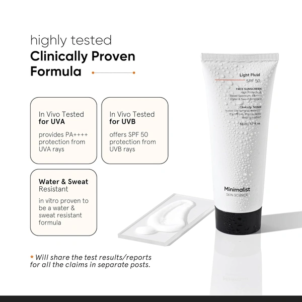 Minimalist Light Fluid Sunscreen SPF 50 PA++++ 50ml | Broad Spectrum UVA & UVB Protection | Clinically Tested in US | Lightweight, No White Cast, Water & Sweat Resistant