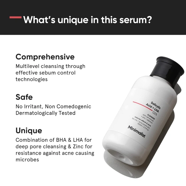 Minimalist Salicylic Acid 2% Face Wash 100ml | Anti-Acne Cleanser with LHA & Zinc | For Oily & Acne Prone Skin | Oil Control, Sebum Regulation, Pore Cleansing | Sulfate-Free