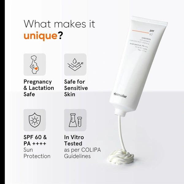 Minimalist Sunscreen SPF 60 PA++++ 50g | Pregnancy Safe, Sensitive Skin Friendly | Broad Spectrum SPF 50+ with Antioxidants & Advanced Filters | No White Cast, Non-Irritant