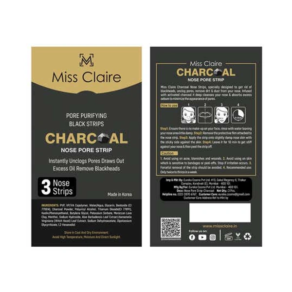 Miss Claire Charcoal Nose Strip 1.2g | Deep Cleansing Blackhead Remover Strip | Activated Charcoal Pore Strip for Nose | Removes Dirt, Oil & Whiteheads | Smooth Clear Skin