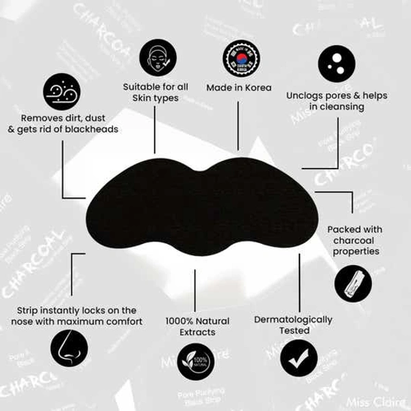 Miss Claire Charcoal Nose Strip 1.2g | Deep Cleansing Blackhead Remover Strip | Activated Charcoal Pore Strip for Nose | Removes Dirt, Oil & Whiteheads | Smooth Clear Skin