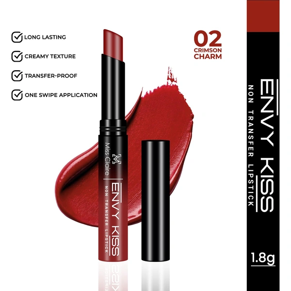 Miss Claire Envy Kiss Non Transfer Lipstick 02 Crimson Charm 1.8g |Intense Pigment | Transfer-Proof Matte Lipstick | Long Lasting Smudge Proof Transfer Resistant Lightweight Lip Color