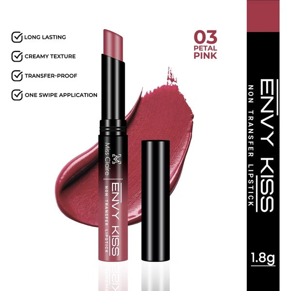 Miss Claire Envy Kiss Non Transfer Lipstick 03 Petal Pink 1.8g | Matte Finish | Long Lasting Smudge Proof Transfer Resistant Lightweight Nude Pink Lip Color