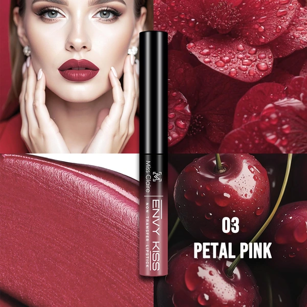 Miss Claire Envy Kiss Non Transfer Lipstick 03 Petal Pink 1.8g | Matte Finish | Long Lasting Smudge Proof Transfer Resistant Lightweight Nude Pink Lip Color