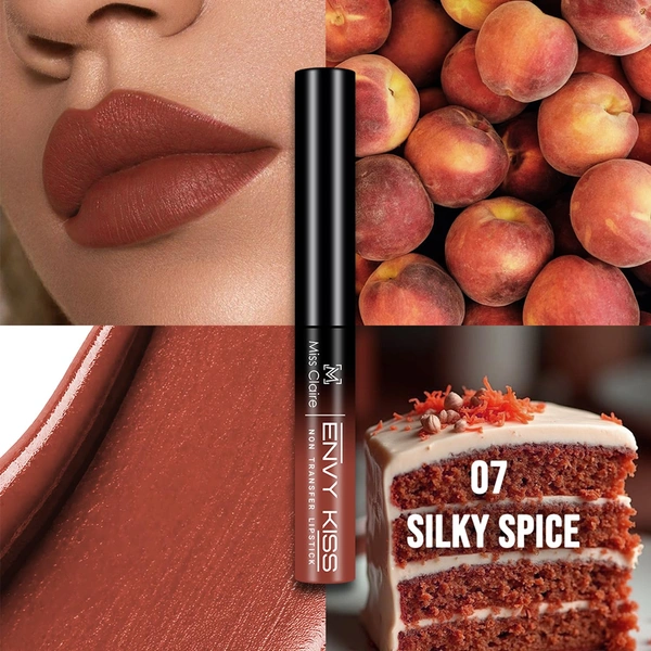 Miss Claire Envy Kiss Non Transfer Lipstick 07 Silky Spice 1.8g | Matte Finish | Long Lasting Smudge Proof Transfer Resistant Lightweight Warm Nude Lip Color