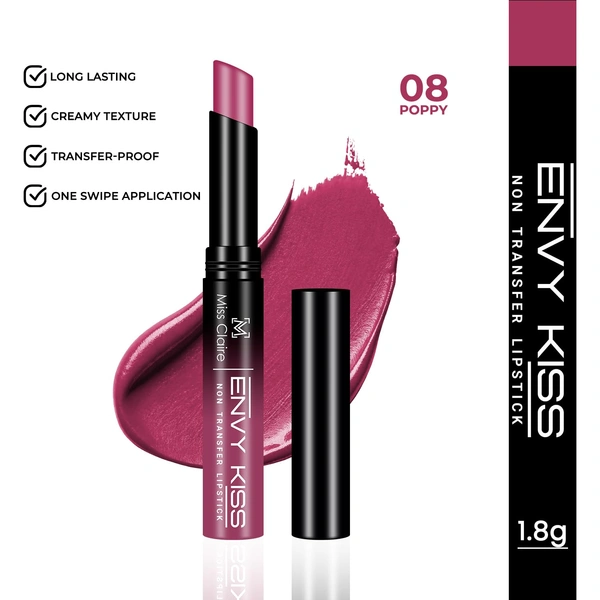 Miss Claire Envy Kiss Non Transfer Lipstick 08 Poppy 1.8g | Vivid Matte Finish | Long Lasting Smudge Proof Transfer Resistant Lightweight Pink Lip Color