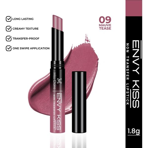 Miss Claire Envy Kiss Non Transfer Lipstick 09 Mauve Tease 1.8g | Rich Matte Finish | Long Lasting Smudge Proof Transfer Resistant Lightweight Mauve Lip Color