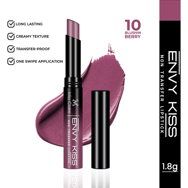Miss Claire Envy Kiss Non Transfer Lipstick 10 Blushin Berry 1.8g | Ultra Matte Finish | Long Lasting Transfer Resistant Smudge Proof Lightweight Lip Color