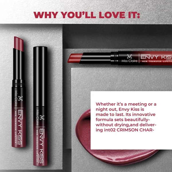 Miss Claire Envy Kiss Non Transfer Lipstick 21 Double Date 1.8g | Velvety Matte Finish| Long Lasting Smudge Proof Transfer Resistant Lightweight Lip Color