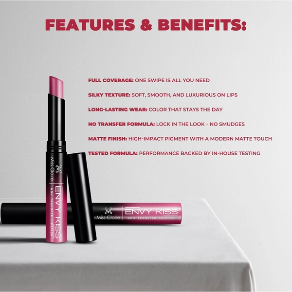 Miss Claire Envy Kiss Non Transfer Lipstick 21 Double Date 1.8g | Velvety Matte Finish| Long Lasting Smudge Proof Transfer Resistant Lightweight Lip Color