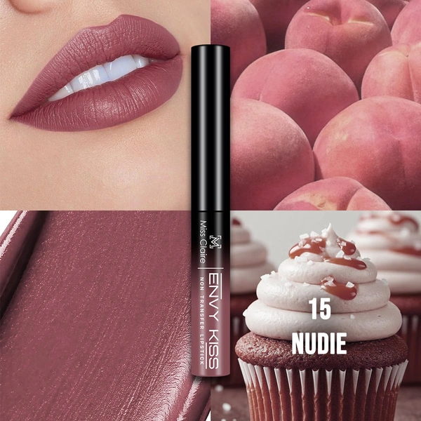 Miss Claire Envy Kiss Non Transfer Lipstick 15 Nudie 1.8g | Natural Matte Finish | Long Lasting Smudge Proof Transfer Resistant Lightweight Nude Mauve Lip Color