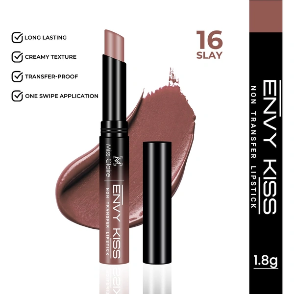 Miss Claire Envy Kiss Non Transfer Lipstick 16 Slay 1.8g | Bold Matte Finish | Long Lasting Smudge Proof Transfer Resistant Lightweight Lip Color